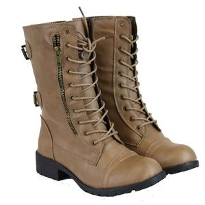 Women's Beige Tan Mid Calf Combat Boots NEW